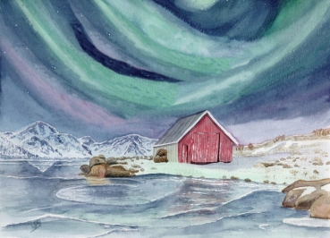 Poster DIN-A4 Aquarell Kunst Druck Kunstdruck Norwegen Norge Norway Eisfjord Fjord Gletscher Haus am Fjord Polarlichter
